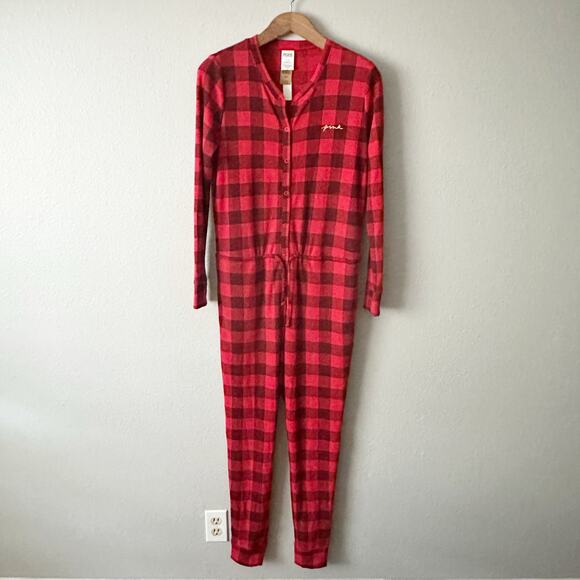Victoria's Secret Red Buffalo Plaid Thermal One Piece Pajama size medium NEW - Picture 2 of 11
